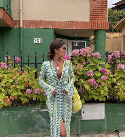 Maxi Dress Women Flare Sleeve V-neck High Split Sexy Long Dresses 2025 New Autumn Beach Banquet Vestidos