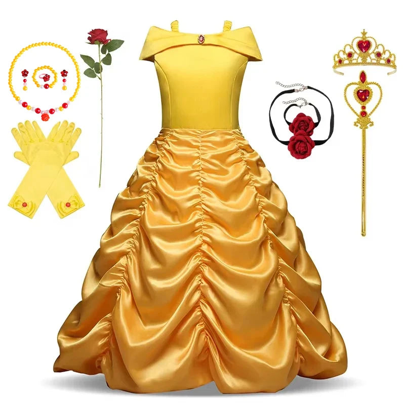 Girls Cosplay Belle Princess Dress for Kids Beauty and The Beast Costumes Children Birthday Party with Flower Clothes