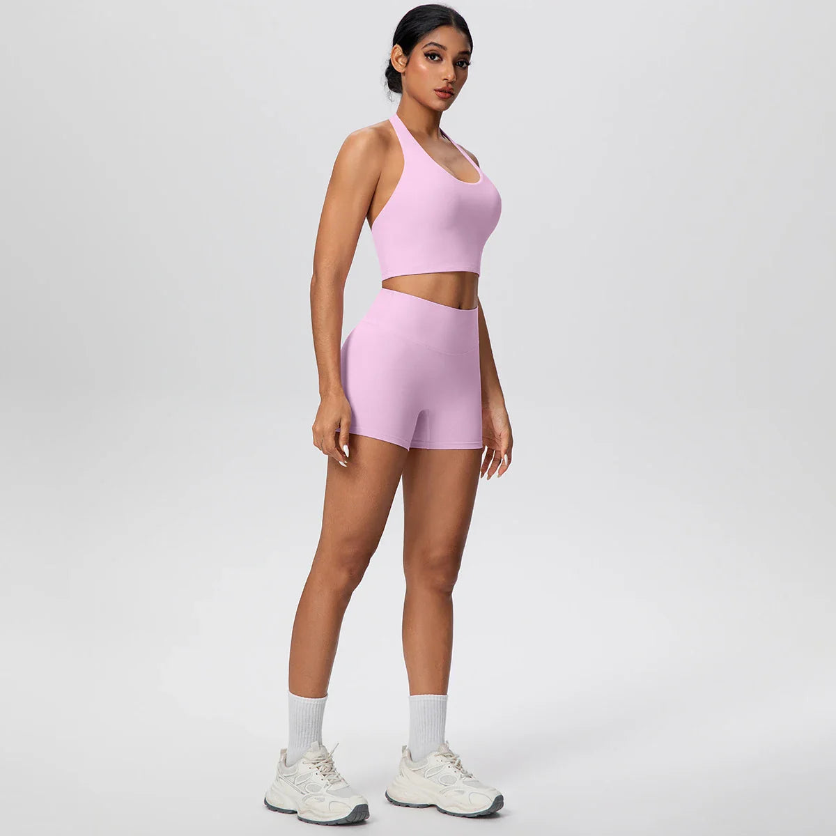2picese Women Yoga Suit Solid Color High Waist Hip Push Up Fitness Shorts Sexy Pilates Backless Gym Hanging Neck Bra Yoga Set