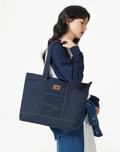 Unisex Utility Canvas Leather Zipper Tote Bag Casual Denim Daily Shopping Handbag Women Man Durable Student School Book Bag