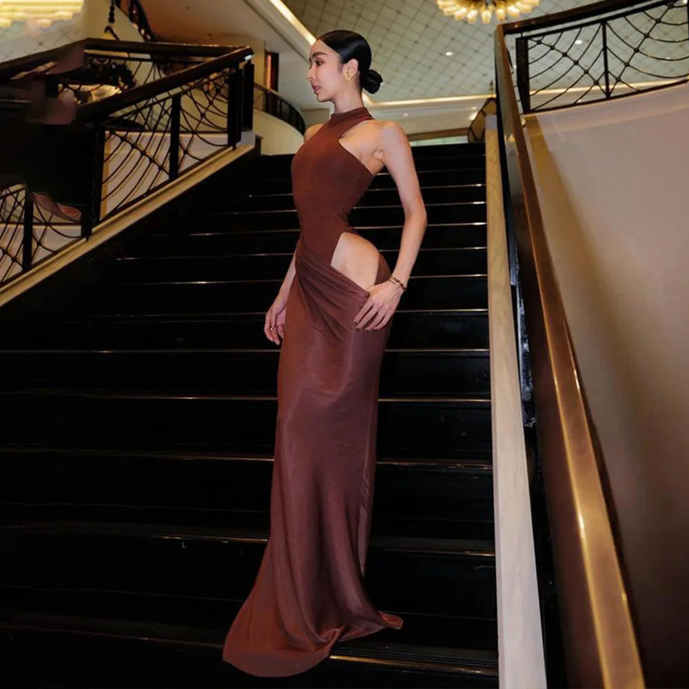 Satin Sexy Hollow Out Women Maxi Dress Black Sleeveless High Waist Dress Female Autumn Skinny Elegant Party Clubwear