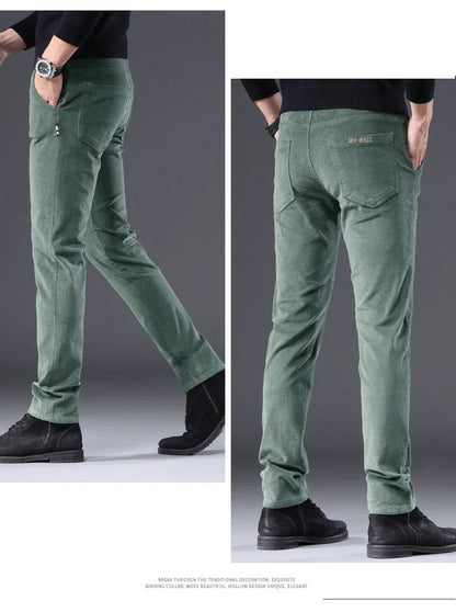 Men's Corduroy Slim Casual Pants 2024 Autumn New Coffee Fashion Stretch Straight Trousers Solid Color Male Clothes