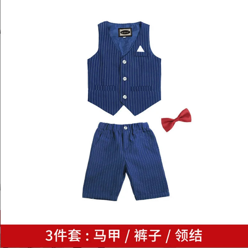 Boys Formal Birthday Photograph Suit Kids Summer Vest Shirt Short Bowtie Wedding Dress Teenager Suit Children Graduation Costume