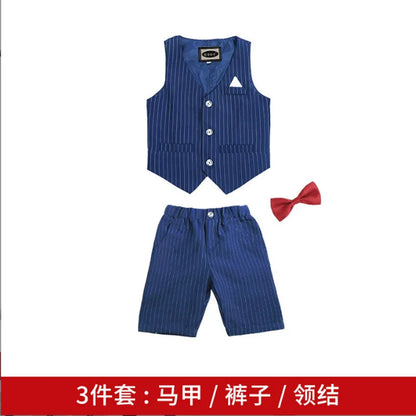 Boys Formal Birthday Photograph Suit Kids Summer Vest Shirt Short Bowtie Wedding Dress Teenager Suit Children Graduation Costume