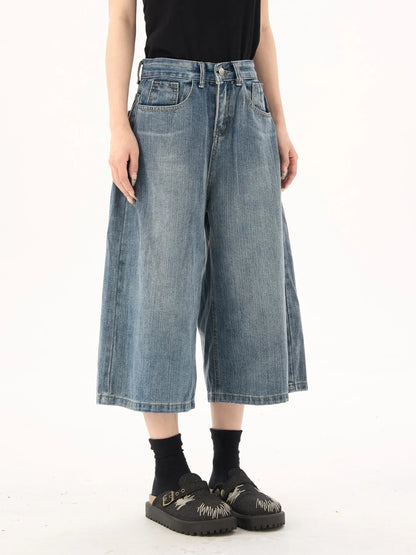 Retro Back Flap Pocket Pants Plaid Splicing Denim Shorts for Women