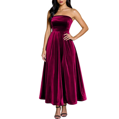 Women's Elegant Party Dresses Strapless Backless Velvet Long Dress Fashion Retro Dress Female Evening Dresses Vestidos Largos
