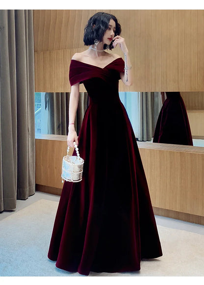 Spring Long Luxury Elegant Wine Red Soft Velvet Evening Party Wedding Dresses for Women 2022 Off Shoulder Maxi Dress