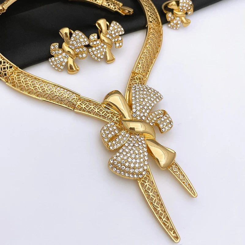 Conjunto de Joias Femininas Banhadas a Ouro 18k, Design Clássico, Colar, Brinco, Pulseira e Anel, Conjunto de 4 Peças, Joias para Festa de Casamento, Itália
