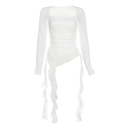 Long Sleeve Sexy T-Shirts Fashion Women Y2K Irregular Asymmetrical Korean Crop Tops Casual Sheer Mesh Autumn Chic Tees