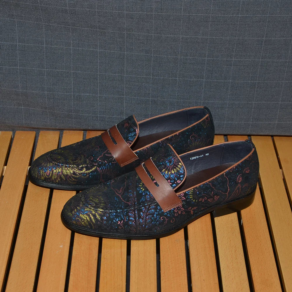 European Classic Men's Wedding Dress Shoes Soft Suede Leather with Flower Pattern Penny Loafers Banquet Party Formal Shoes Man