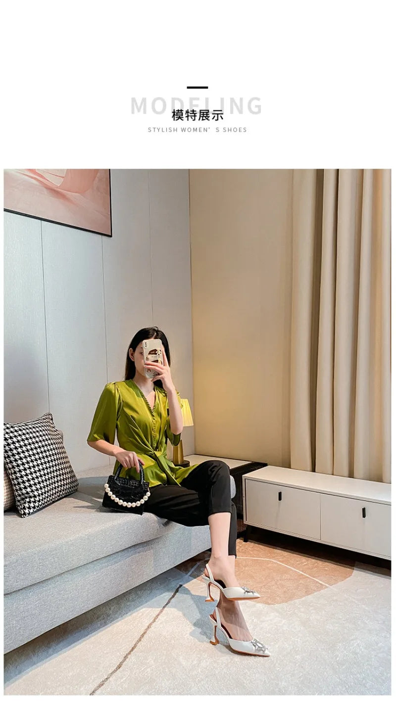 Women's Sandals 2026 New Sun Button Water Diamond Pointed High Heels Fashionable Banquet Wine Glass and Baotou Sandals