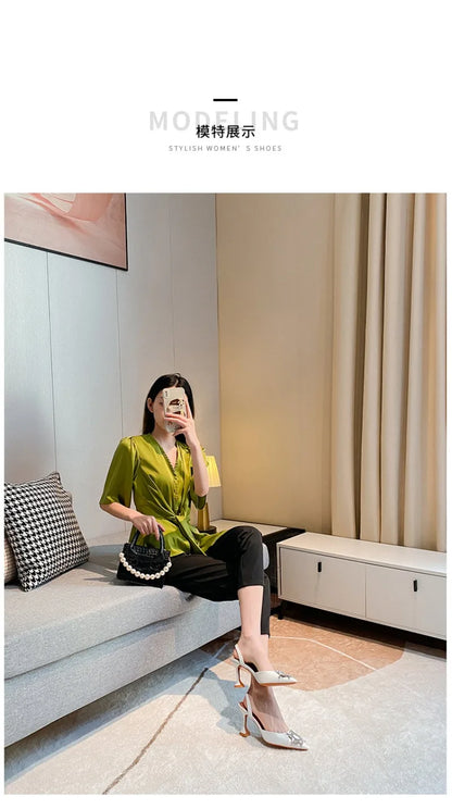 Women's Sandals 2026 New Sun Button Water Diamond Pointed High Heels Fashionable Banquet Wine Glass and Baotou Sandals