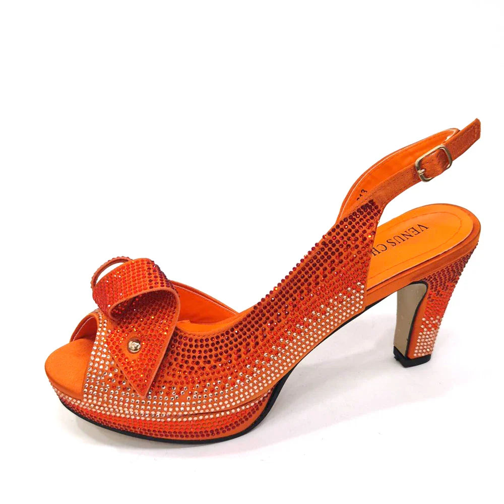 Newest INS Style Peach Color Rhinestone Elegant High Heels Nigeria Popular Design African Ladies Shoes And Bag Set
