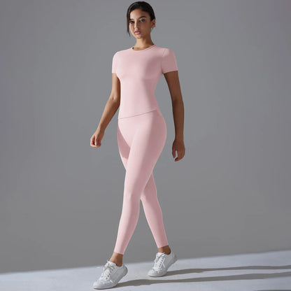 Yoga Set Women Workout Set Sportswear Gym Clothing Fitness Shorts Sleeve Crop Top High Waist Leggings Sports Suits