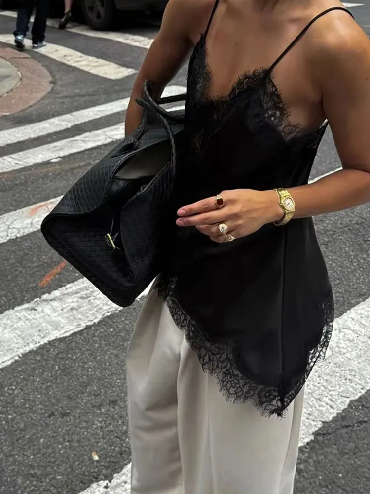 Women Elegant Polka Dot Lace Slip Tops Asymmetrical Hem Tanks Camis Summer Lady Sexy Lace Splicing Club Party Tops Camisole