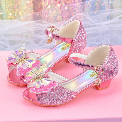Women's girls' fashionable crystal bow high heels, student princess shoes
