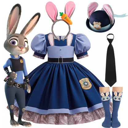 Girl Cosplay Judy Hopps Police Officer Dress Zootopia Bunny Costume Kids Dress Up Halloween Rabbit Dress Outfits