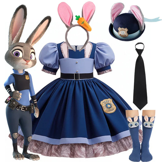 Girls Judy Hopps Police Officer Dress Zootopia Bunny Costume Kids Dress Up Halloween Rabbit Dress Outfits
