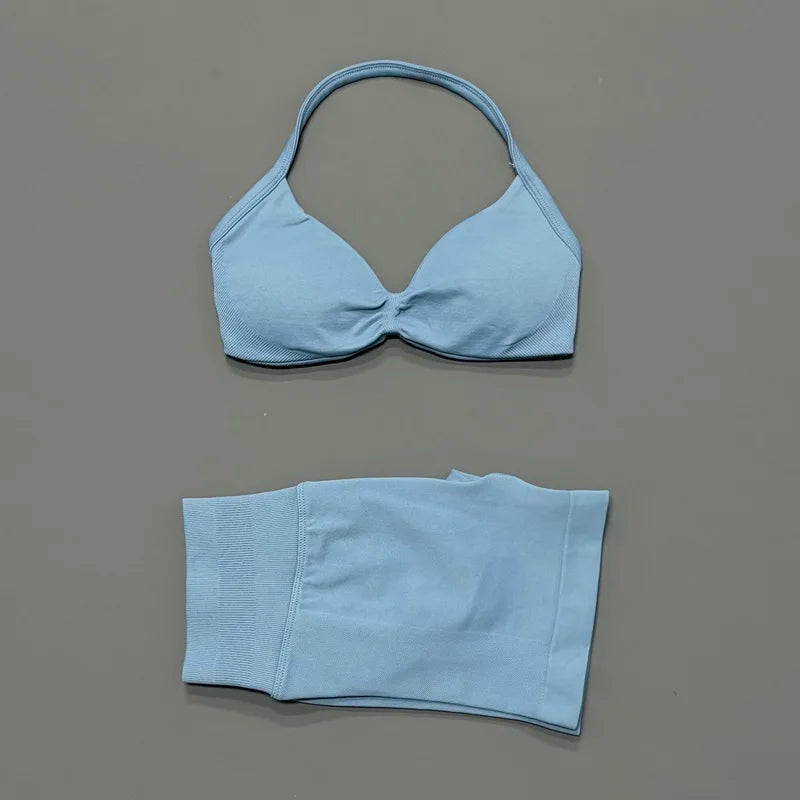 2 Piece Gym Sets Woman Sports Strappy Bra Seamless Set Quick Dry Fitness Squat Proof Shorts Sportswear Running Workout Suit
