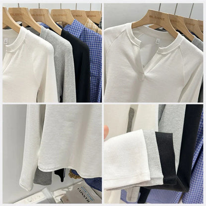 2026 Women's Basic Style Slim Fit V-Neck Long Sleeve T-Shirt Korean Style Versatile Simple Base Layer Top Casual Tee for Women