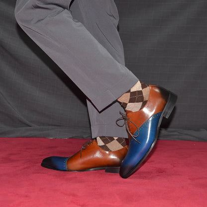 High Quality Men's Genuine Leather Wedding Dress Shoes Pointed Toe Lace-Up Formal Oxfords in Brown/Blue for Party Dinner