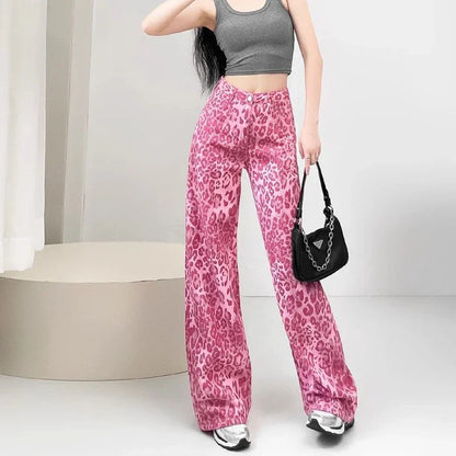 Chic Pink Leopard Print Jeans Girls High Waist Straight Leg Pants