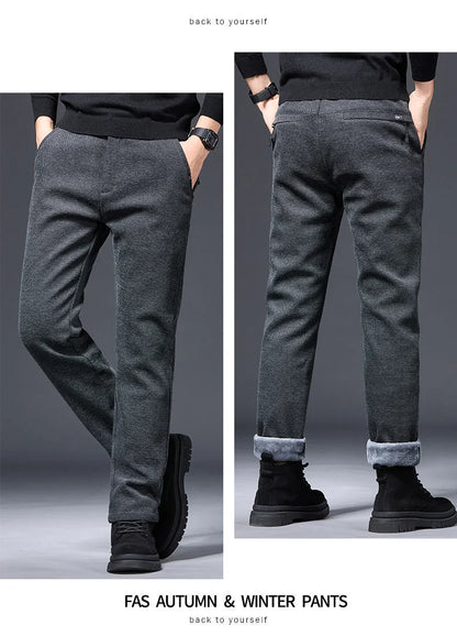 Men's Winter Fleece Elastic Casual Pants Thick Warm Soft Business Stretch Slim Trousers Streetwear Fashion Korean Brand Clothes