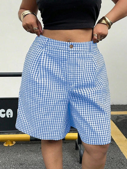 Ladies plus Size Spring Simple Casual Black White Plaid Shorts Wide Leg Pants Trousers for Women