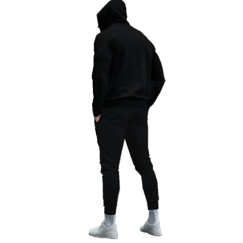 Autumn Men Gray Blue Casual 2PC Sets Trend Hoodie Tops Slim Pants Warm Sweatshirts Street Fashion Concise Printed Sports Suit