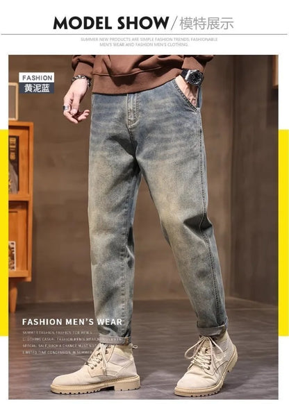 Calça Jeans Masculina Primavera Vintage Elástica Casual Longa Calça Reta Slim Algodão Poliéster Lavada para Adolescentes