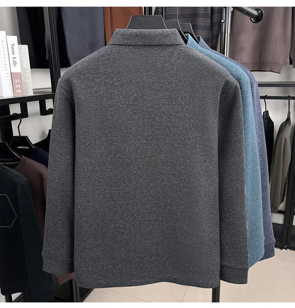 Fashion brand men's long sleeve polo shirt soft plush warm comfort new letter embossed solid color business casual lapel T-shirt