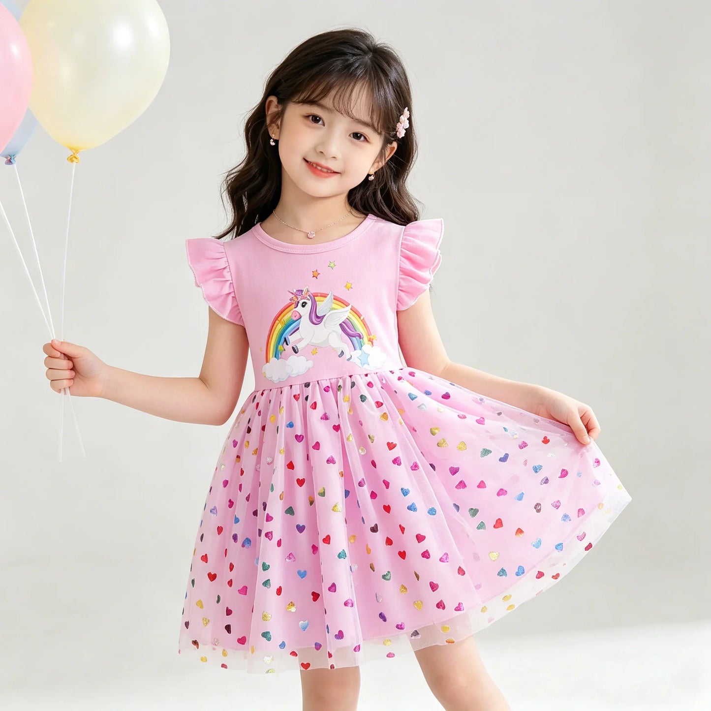 2026 Korean Style Girls Summer Unicorn Print Dress Short Sleeve Tulle Princess Gown Kids Casual Party Clothes for South Korea