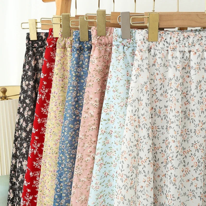 Women's Summer Skirts Vintage Floral Printed Chiffon Skirts High-waisted Elastic Waist Relaxed Mid-length Skirts Beach Skirts