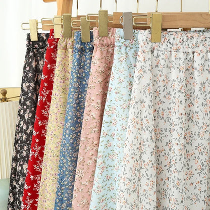 Women's Summer Skirts Vintage Floral Printed Chiffon Skirts High-waisted Elastic Waist Relaxed Mid-length Skirts Beach Skirts