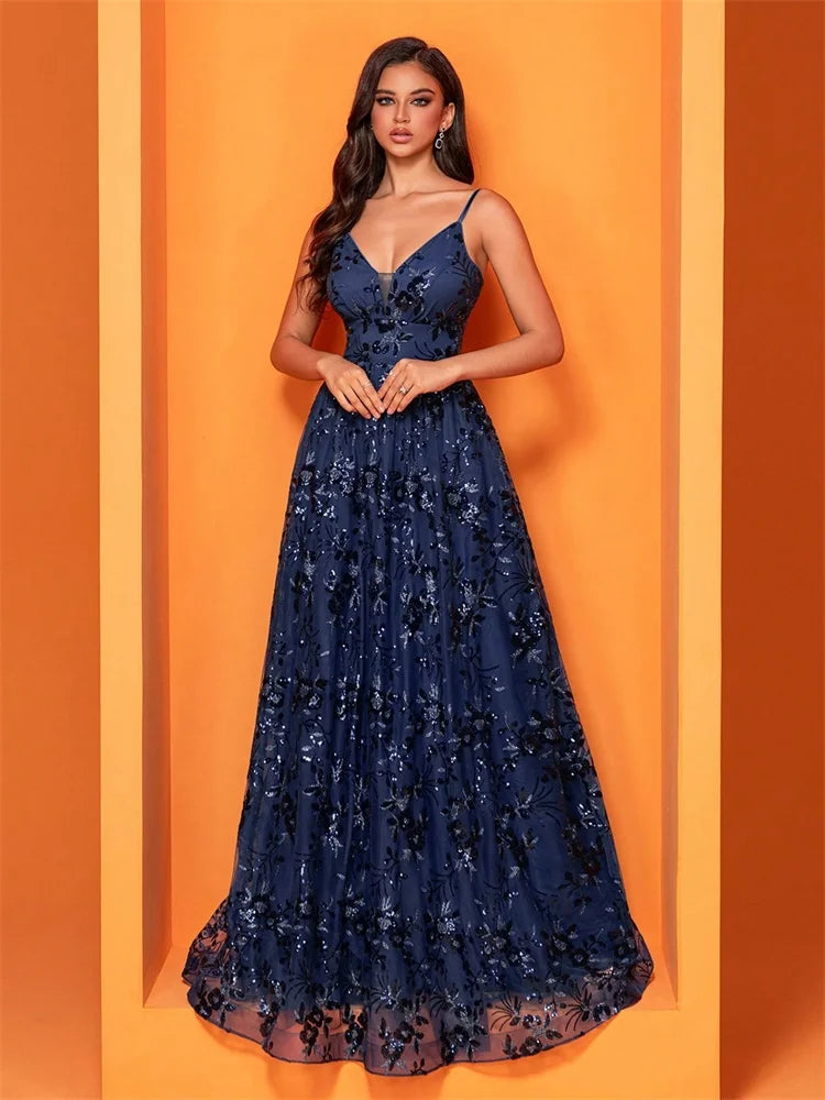 Elegant Sequins Sexy Backless Evening Dress For Women Deep V-neck Prom Party  Dress Floor Length Blue Formal Gowns