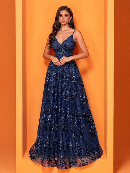 Elegant Sequins Sexy Backless Evening Dress For Women Deep V-neck Prom Party  Dress Floor Length Blue Formal Gowns