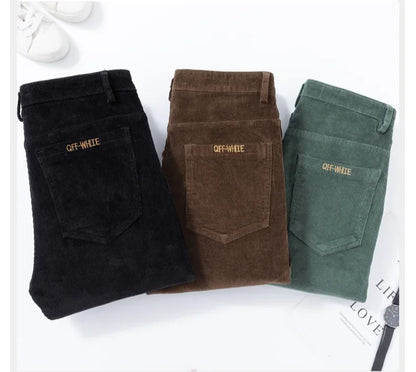 Men's Corduroy Slim Casual Pants 2024 Autumn New Coffee Fashion Stretch Straight Trousers Solid Color Male Clothes