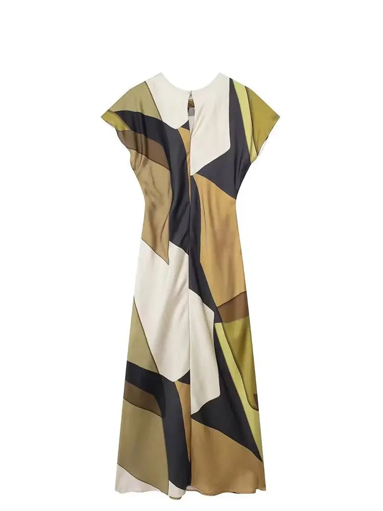 Summer Women Dress Fashion Vintage Print O-Neck Midi Dress Waist Cinched Casual Chic Woman Elegant Dresses