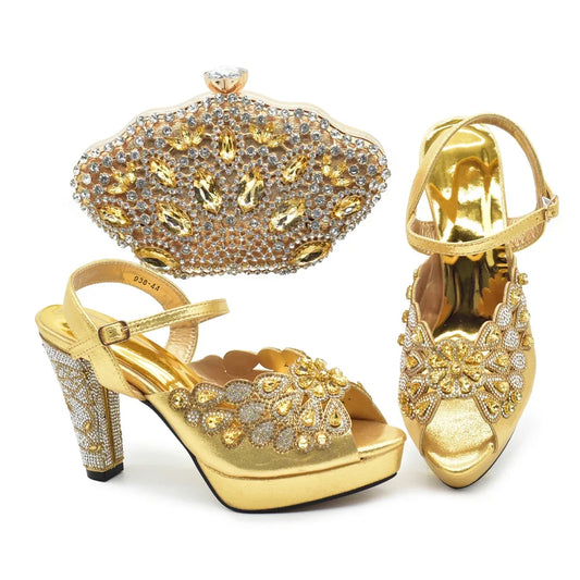 New Arrival Italian Party Shoes and Bag Set Decorated with Rhinestone African Women Wedding Shoes Bride Plus Size Women Shoes 43