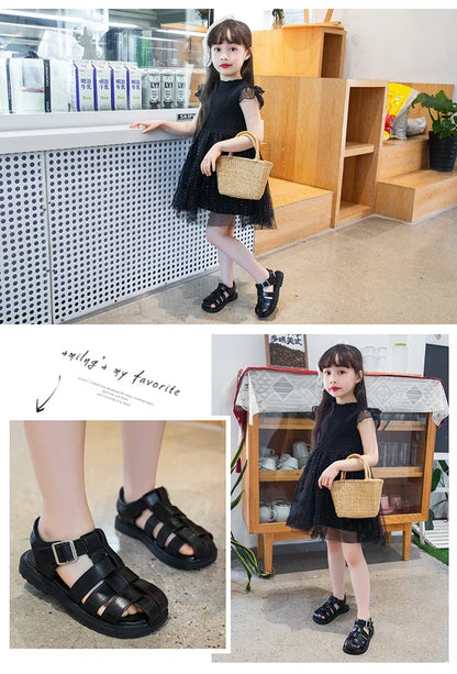 Children Hollow Out Shoes Boys Girls Roman Shoes British Style Non-slip Fashion Kids Toes Capped Shoes Peep Toe Solid Color