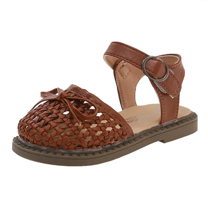 Kids Summer Casual Sandals Sweet Bow Girls Woven Flat Shoes Non-slip Children's Hollow-out Beach Sandals for School Daily Wear