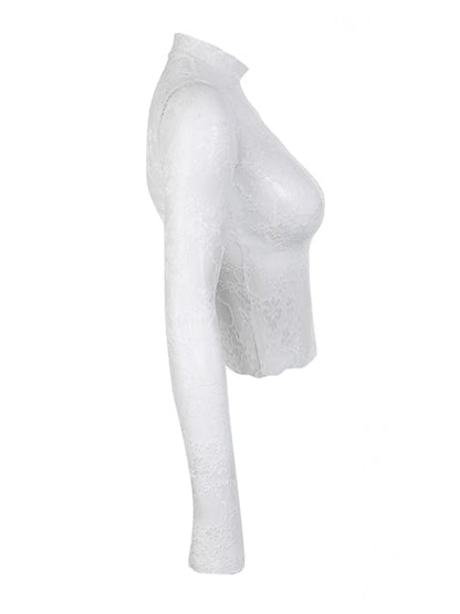 Sexy Lace Blouse Shirts Summer Women Turtleneck Long Sleeve See Through Lace Patchwork Thin Tops