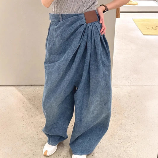 Wide Leg Denim Jeans Women Fashionable Drapey Floor-Length Pants