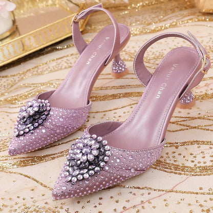 2025 Women's Green High Heels - Italy-Inspired Rhinestone Pointed-Toe Design for Gorgeous Parties | Plus Size Available