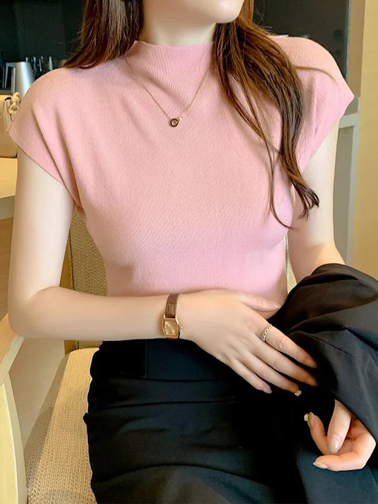 New Women Summer Knitted Turtleneck Sleeveless T-Shirts Tops Solid Slim Fit Pullovers Causal Tees Female Streetwear Basics Tees