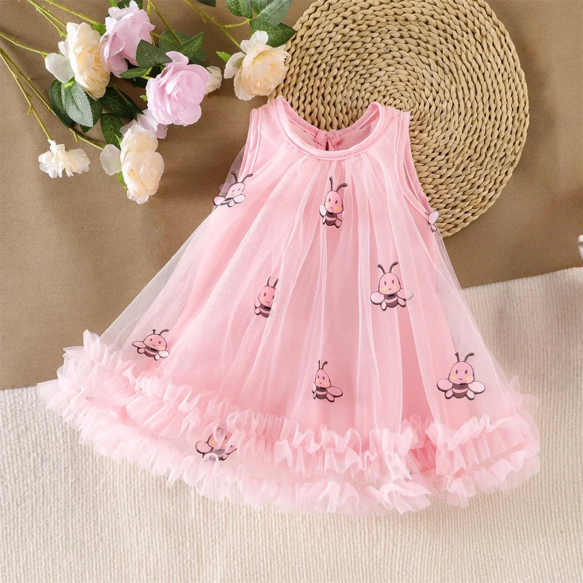 2026 Summer 12M-5Y Childrens Clothes Cute Bee Print Girls Dress with Tulle Skirt Sleeves Fluffy Dress for Girls