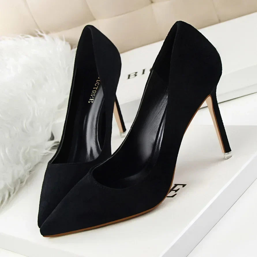 Women Elegant Flock Orange Purple Evening Banquet Party Pumps Lady Classic Scarpin New Burgundy 9cm High Heels Shoes Plus Size