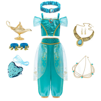 Aladdin Princess Girl Dress Jasmine Two-piece Set Kids Film Role Play Costume Halloween Party Clothes Children Birthday Gift