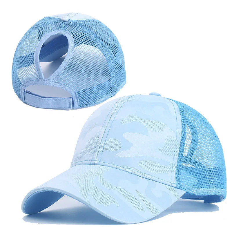 2024 New Summer Camouflage Mesh Trucker Hat Snapback Cap Chapeau Femme Fashion Messy Hair Bun Ponytail Baseball Caps for Women