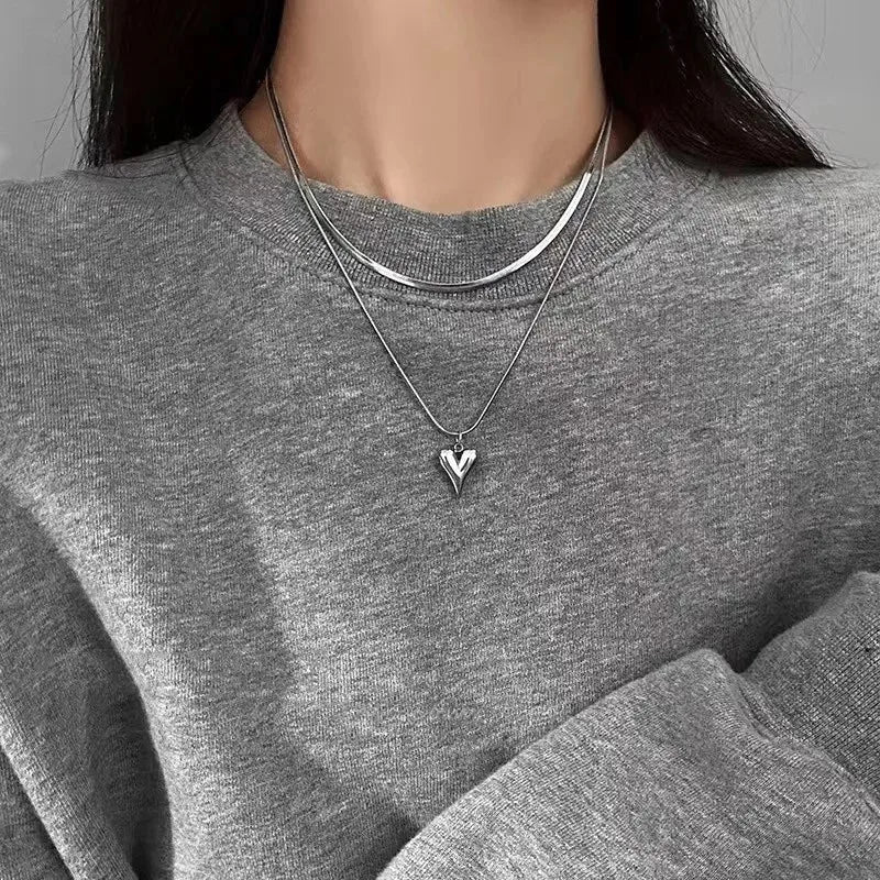 LATS Double Layered Love Heart Pendant Necklace for Women Silver Color Simple Neck Chain Choker Fashion Jewelry Birthday Gifts